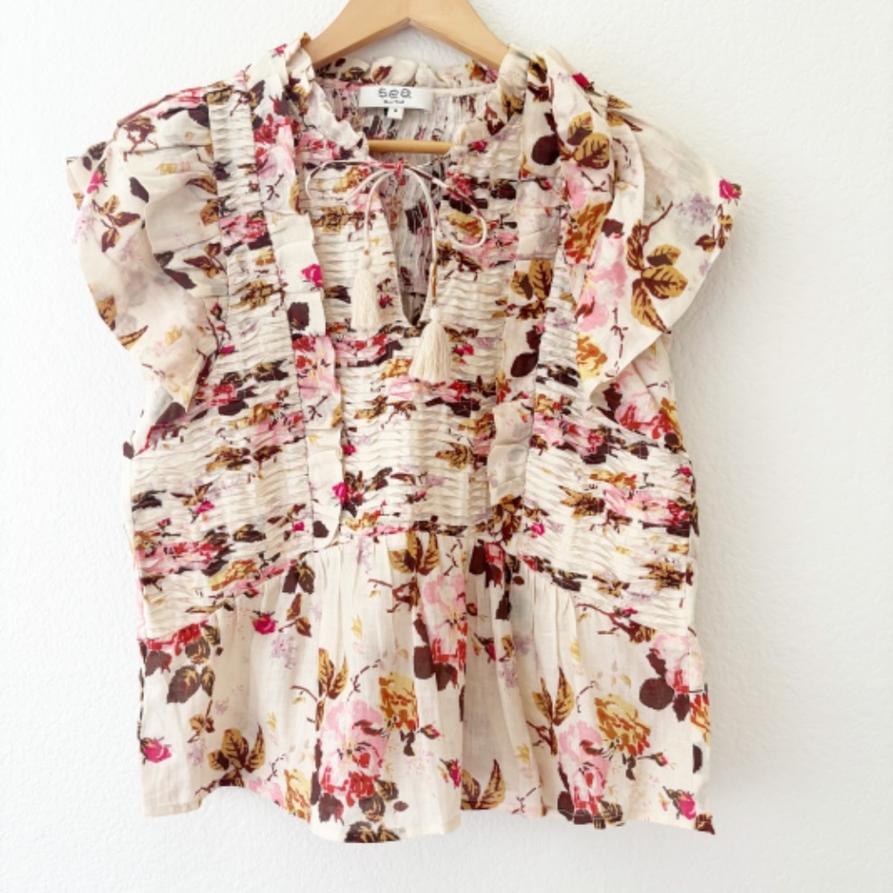 Sea New York Esme flutter sleeve 100% Ramie top Size Small - Picture 2 of 9